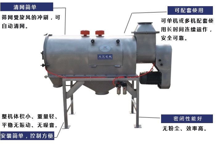 氣旋篩工作原理：篩網(wǎng)受旋風(fēng)的沖刷，可自動(dòng)清網(wǎng)，單機(jī)或多機(jī)配套使用長時(shí)間連續(xù)運(yùn)作，安全可靠。