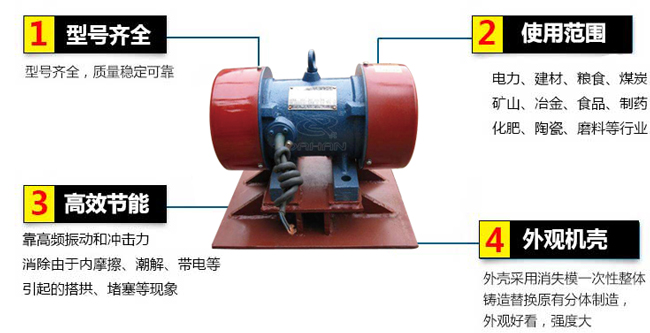 lzf倉壁振動器：1，型號齊全：型號齊全，質(zhì)量穩(wěn)定可靠。2，適用范圍：電力，建材，糧食，煤炭，礦山，冶金，食品，制藥，化肥，陶瓷，磨料等行業(yè)。3，高效：靠高頻振動和沖擊力消除由于內(nèi)摩擦，潮解，帶電等引起的塔供，堵塞等現(xiàn)象。4，外觀機殼：外殼采用消失模一次性整體鑄造替換原有分體制造，外觀好看，強度大。