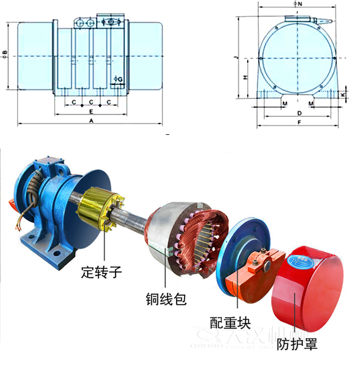 YZS振動電機內(nèi)部主要部件：定轉(zhuǎn)子，銅線包，配重塊，防護罩。