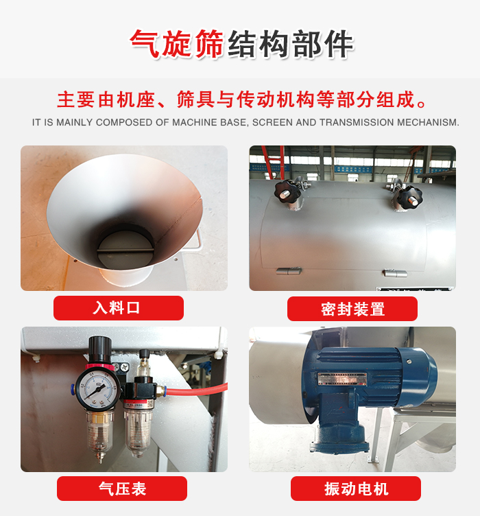 氣旋篩結(jié)構(gòu)：入料口，密封裝置，電機(jī)，氣壓表等